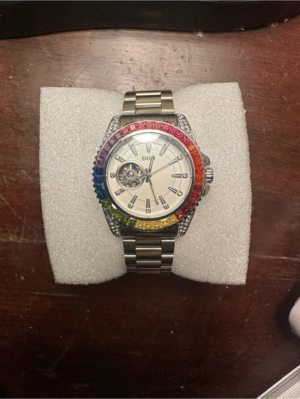 BiBi Silver Men's Watch with Rainbow Gem Bezel